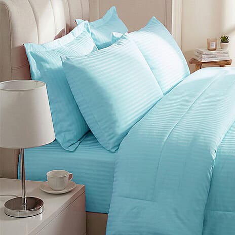 Hush Haven 6-Piece Summer Striped Comforter Set - inc Comforter, Fitted Sheet, 2xHousewife - 2xOxford Pillowcase (King, 225 x 220cm) - Turquoise