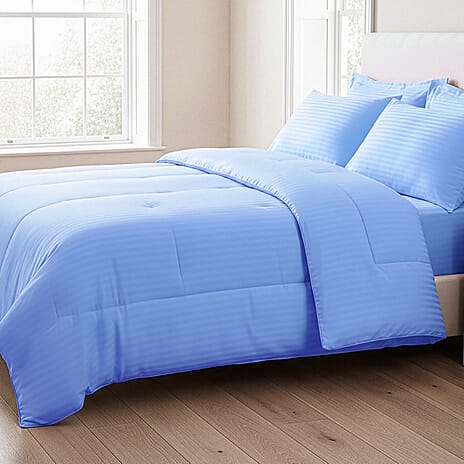 THE OPULENT LUXURY -Hush Haven 6-Piece Summer Striped Comforter Set - inc Comforter, Fitted Sheet, 2xHousewife - 2xOxford Pillowcase (Double, 200 x 200cm) - Blue