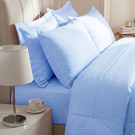 THE OPULENT LUXURY -Hush Haven 6-Piece Summer Striped Comforter Set - inc Comforter, Fitted Sheet, 2xHousewife - 2xOxford Pillowcase (Double, 200 x 200cm) - Blue
