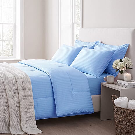THE OPULENT LUXURY -- Hush Haven 6-Piece Summer Striped Comforter Set - inc Comforter, Fitted Sheet, 2xHousewife - 2xOxford Pillowcase (King, 225 x 220cm) - Blue
