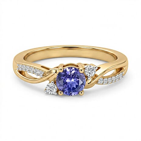 Royal Bali Collection - D'Joy Tanzanite & Moissanite Solitaire Ring in 18K Vermeil Yellow Gold Plated Sterling Silver 0.64 Ct