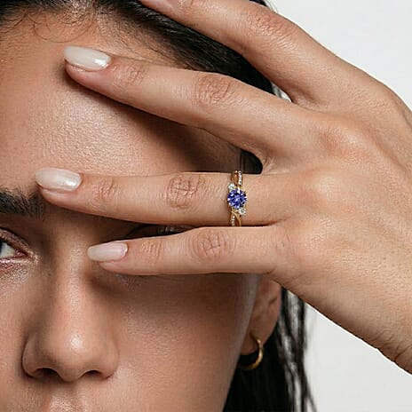 Royal Bali Collection - D'Joy Tanzanite & Moissanite Solitaire Ring in 18K Vermeil Yellow Gold Plated Sterling Silver 0.62 Ct.