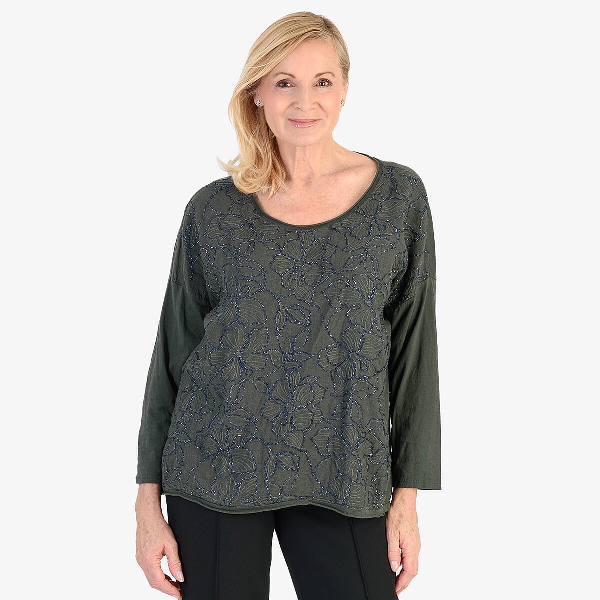 Pure and Natural 50% Cotton Blend Embroidered Blouse (Made in italy, Size Upto 16) - Green