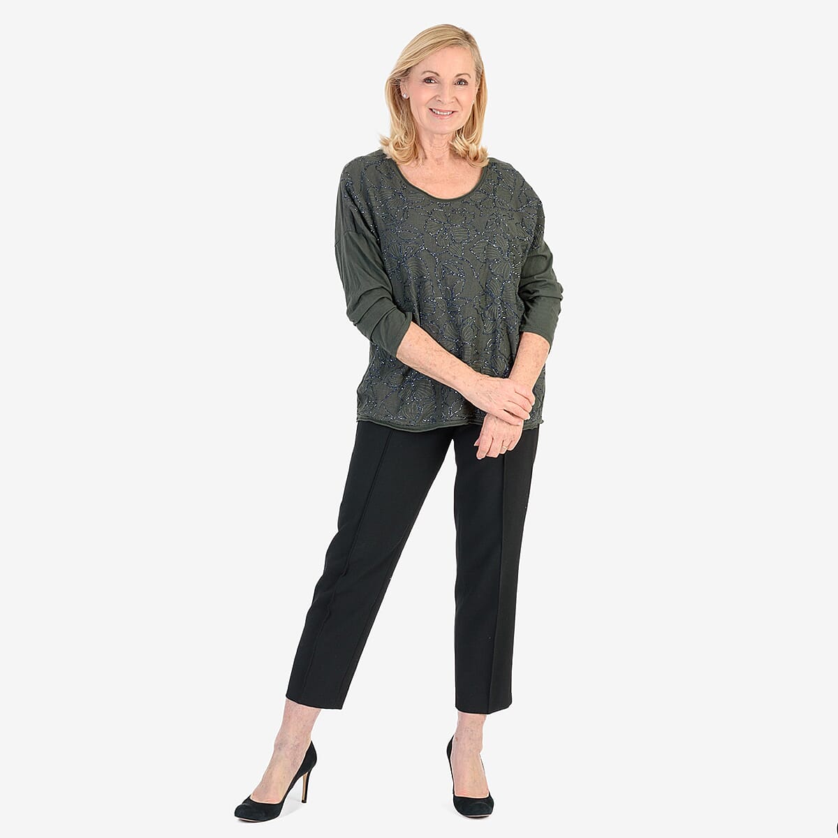 Pure and Natural 50% Cotton Blend Embroidered Blouse (Made in italy, Size Upto 16) - Green