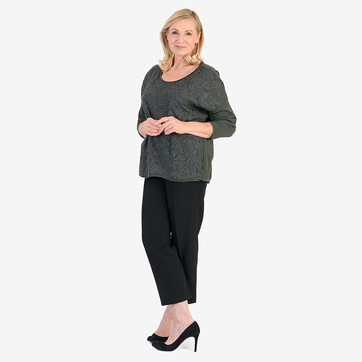 Pure and Natural 50% Cotton Blend Embroidered Blouse (Made in italy, Size Upto 16) - Green