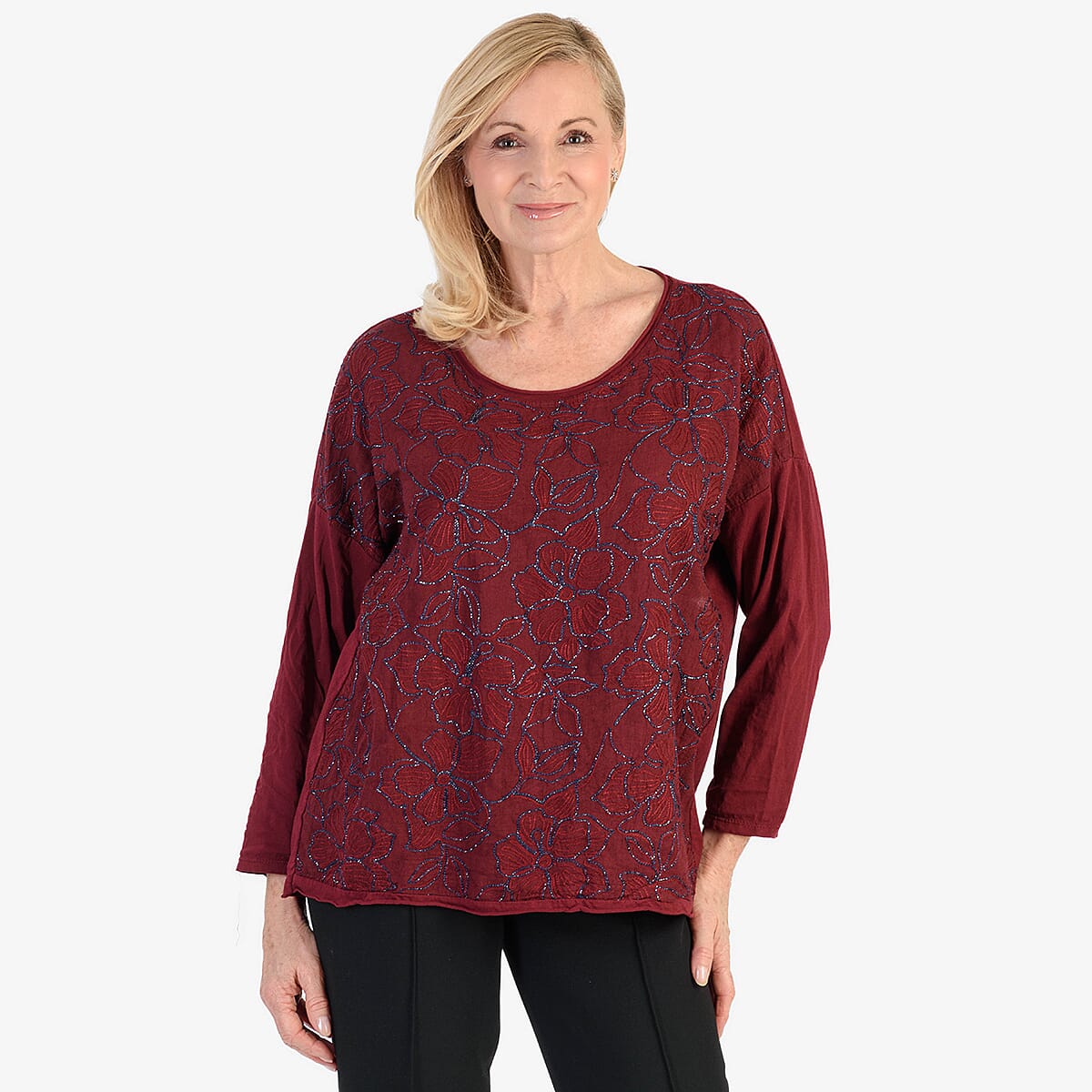 Pure and Natural 50% Cotton Blend Embroidered Blouse (Made in italy, Size Upto 16) - Maroon