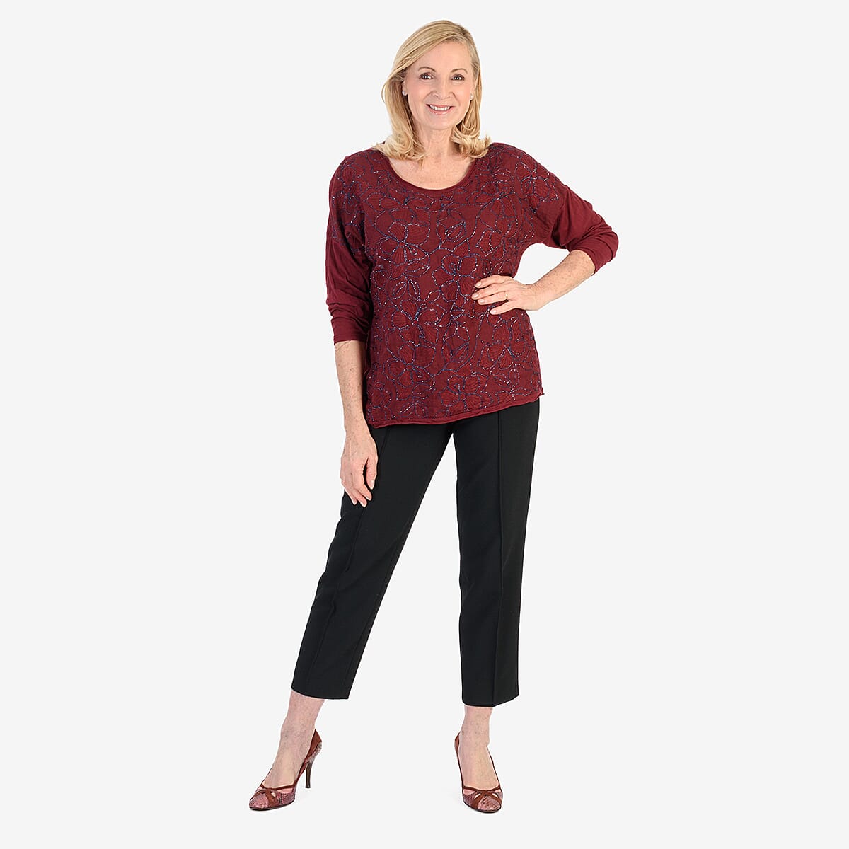 Pure and Natural 50% Cotton Blend Embroidered Blouse (Made in italy, Size Upto 16) - Maroon