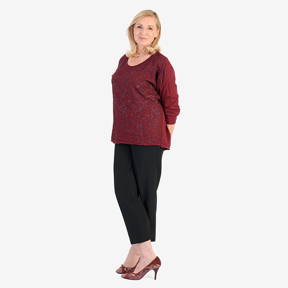 Pure and Natural 50% Cotton Blend Embroidered Blouse (Made in italy, Size Upto 16) - Maroon