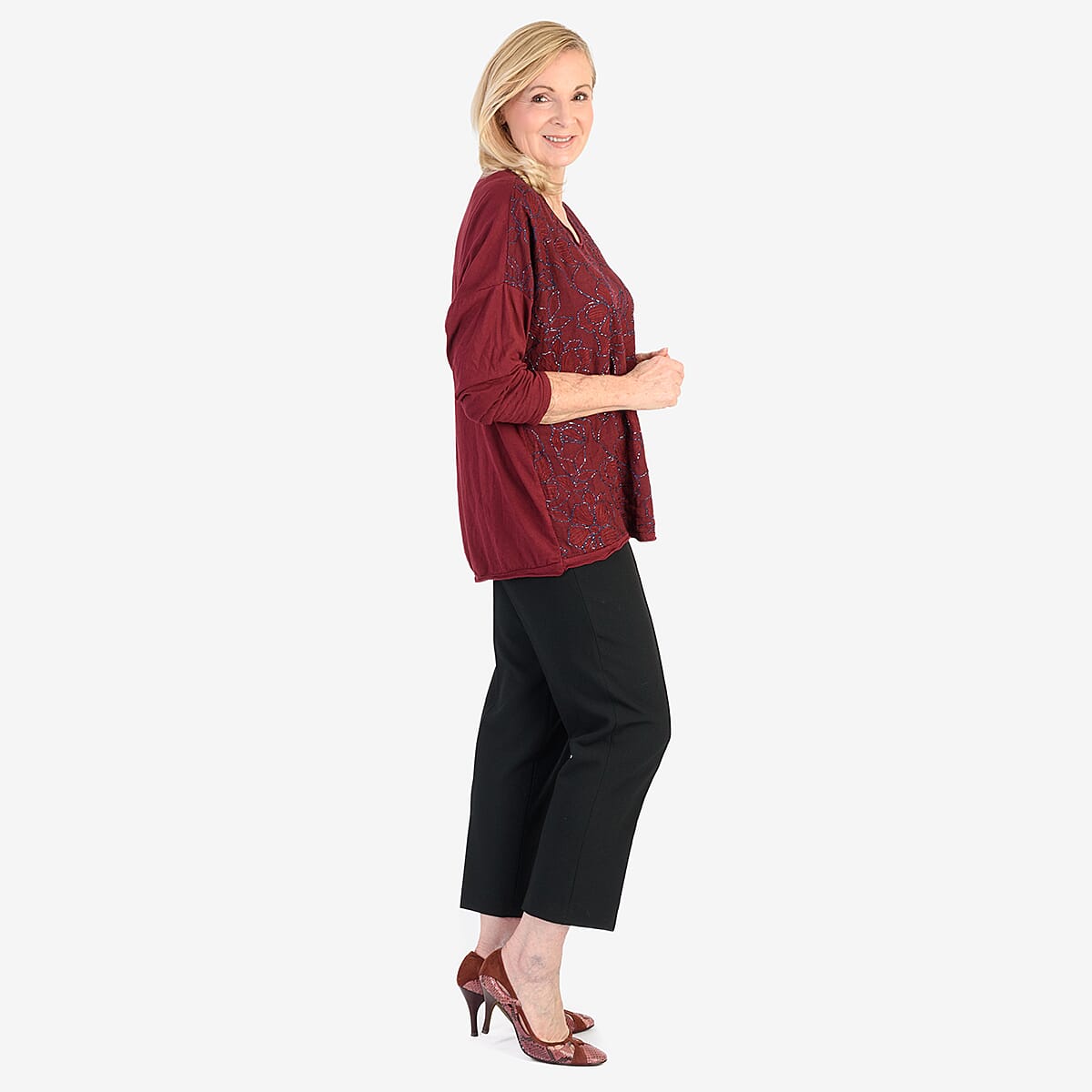 Pure and Natural 50% Cotton Blend Embroidered Blouse (Made in italy, Size Upto 16) - Maroon