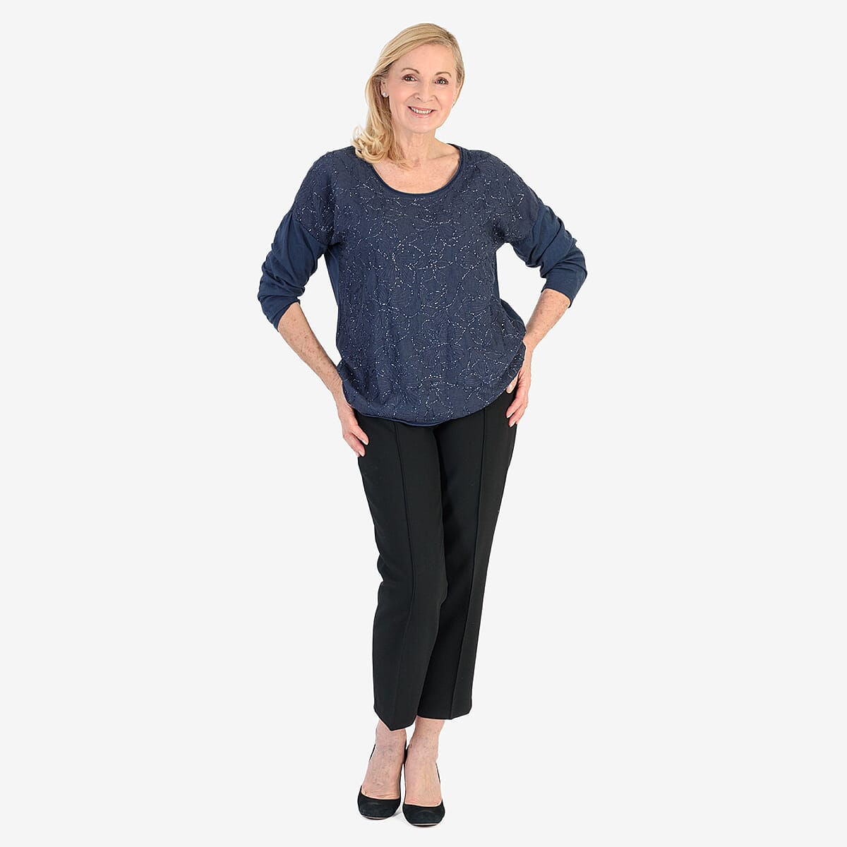 Pure and Natural 50% Cotton Blend Embroidered Blouse (Made in italy, Size Upto 16) - Navy