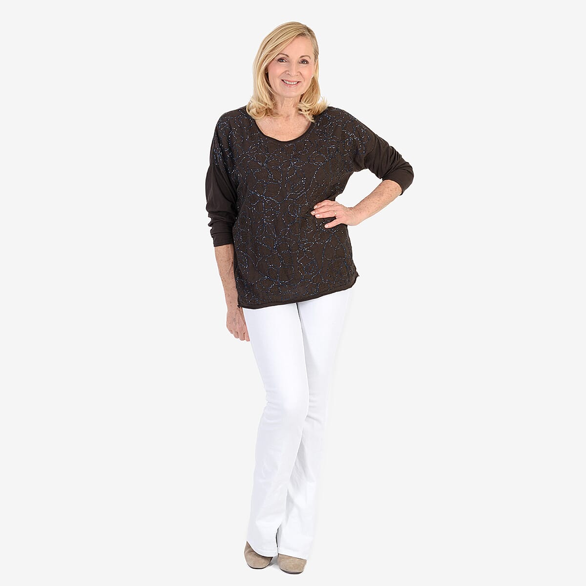 Pure and Natural 50% Cotton Blend Embroidered Blouse (Made in italy, Size Upto 16) - Brown