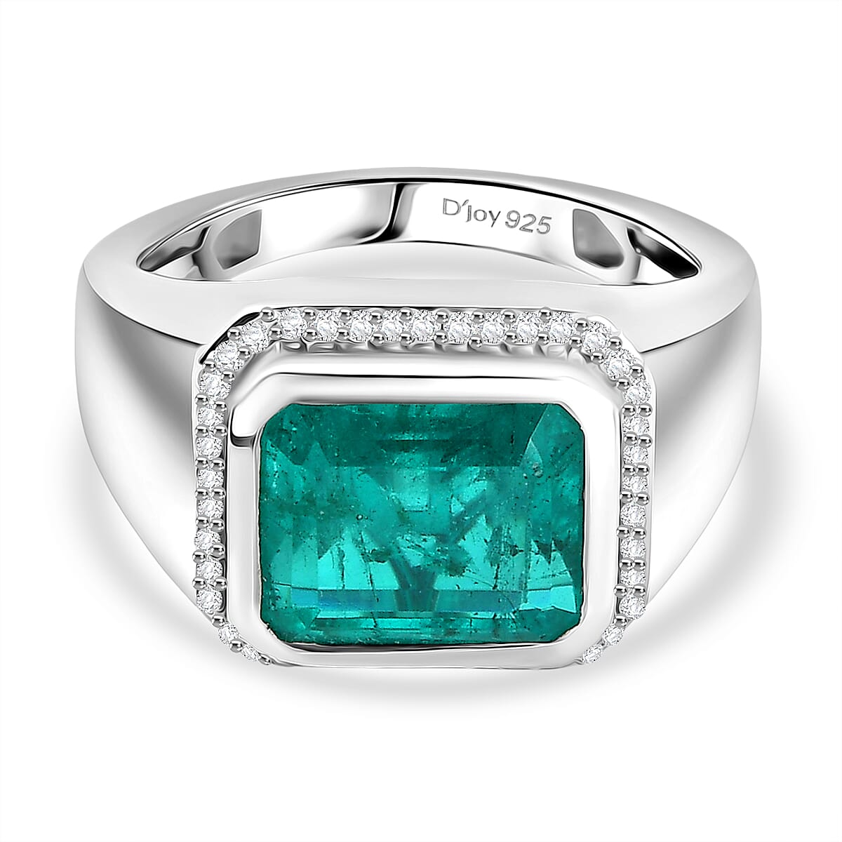 D'Joy Emeraldine Triplet Quartz, White Zircon Mens Ring in Rhodium OverlaySterling Silver, Silver Wt.7 Gms  5.473  Ct.