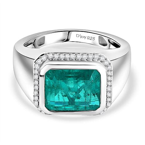 D'Joy Emeraldine Triplet Quartz, White Zircon Mens Ring in Rhodium OverlaySterling Silver, Silver Wt.7 Gms  5.473  Ct.