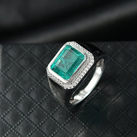 D'Joy Emeraldine Triplet Quartz & White Zircon Mens Ring in Rhodium Overlay Sterling Silver 5.47 Ct, Silver Wt. 6.37 Gms.