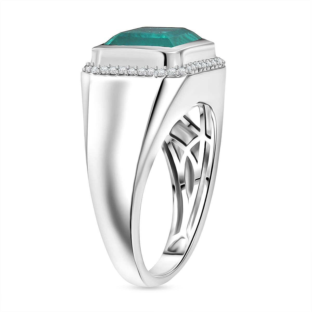 D'Joy Emeraldine Triplet Quartz, White Zircon Mens Ring in Rhodium OverlaySterling Silver, Silver Wt.7 Gms  5.473  Ct.
