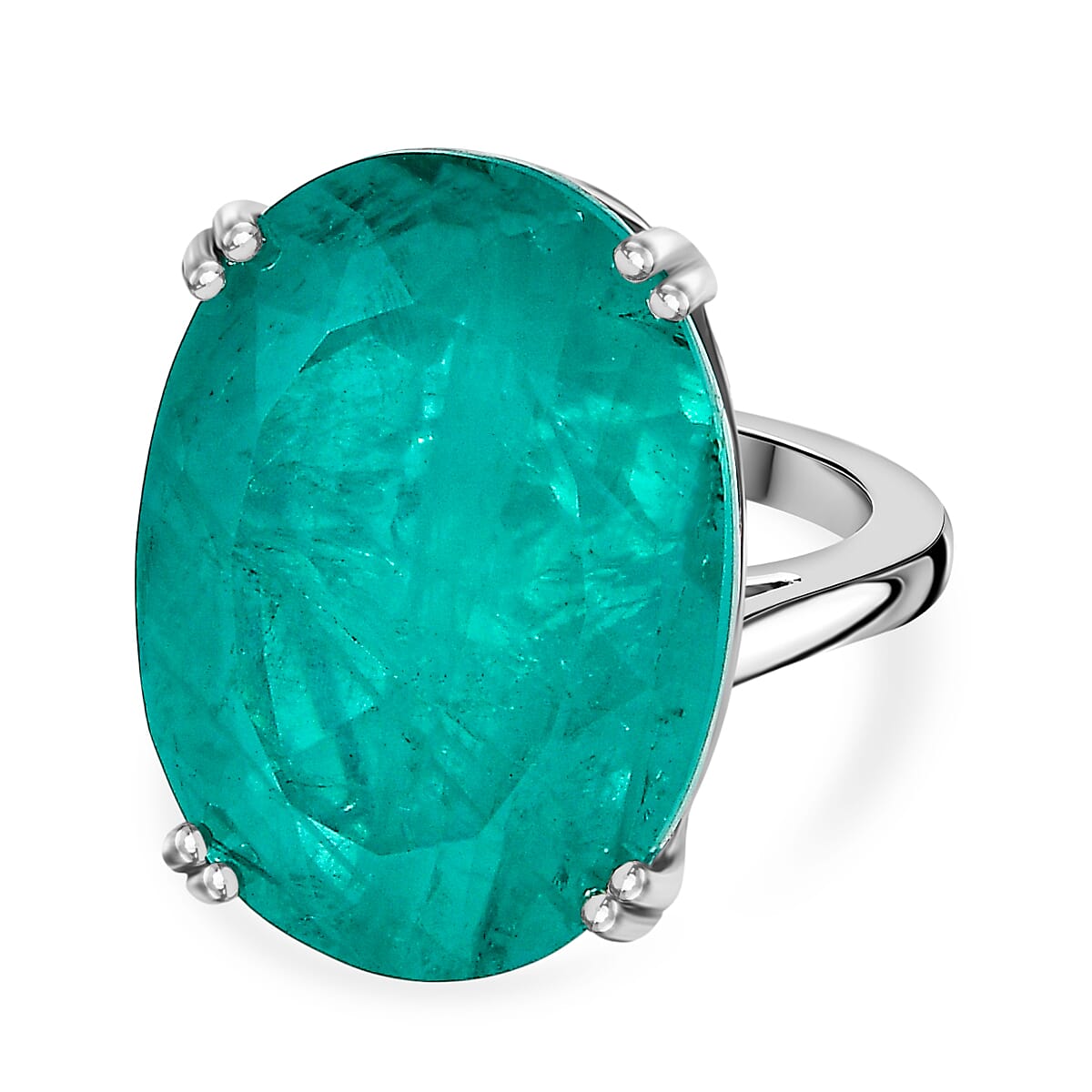 D'Joy Emeraldine Triplet Quartz Solitaire Ring in Rhodium Overlay Sterling Silver 27.13 Ct, Silver Wt. 5.74 Gms.