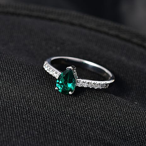 D'Joy Lab Created Emerald & Moissanite Ring in Rhodium Overlay Sterling Silver
