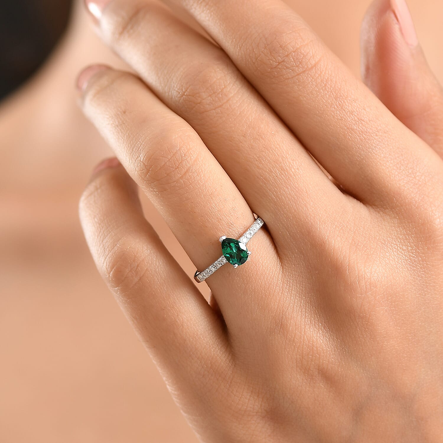 D'Joy Lab Created Emerald & Moissanite Ring in Rhodium Overlay Sterling Silver