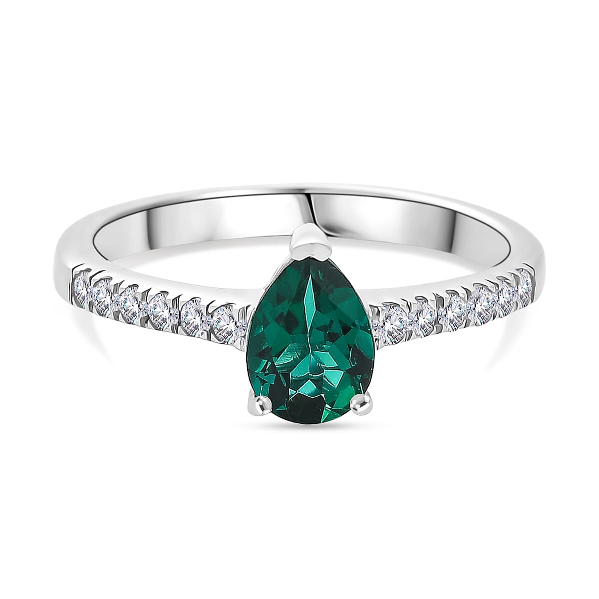 D'Joy Lab Created Emerald, Moissanite Ring in Rhodium Overlay Sterling Silver