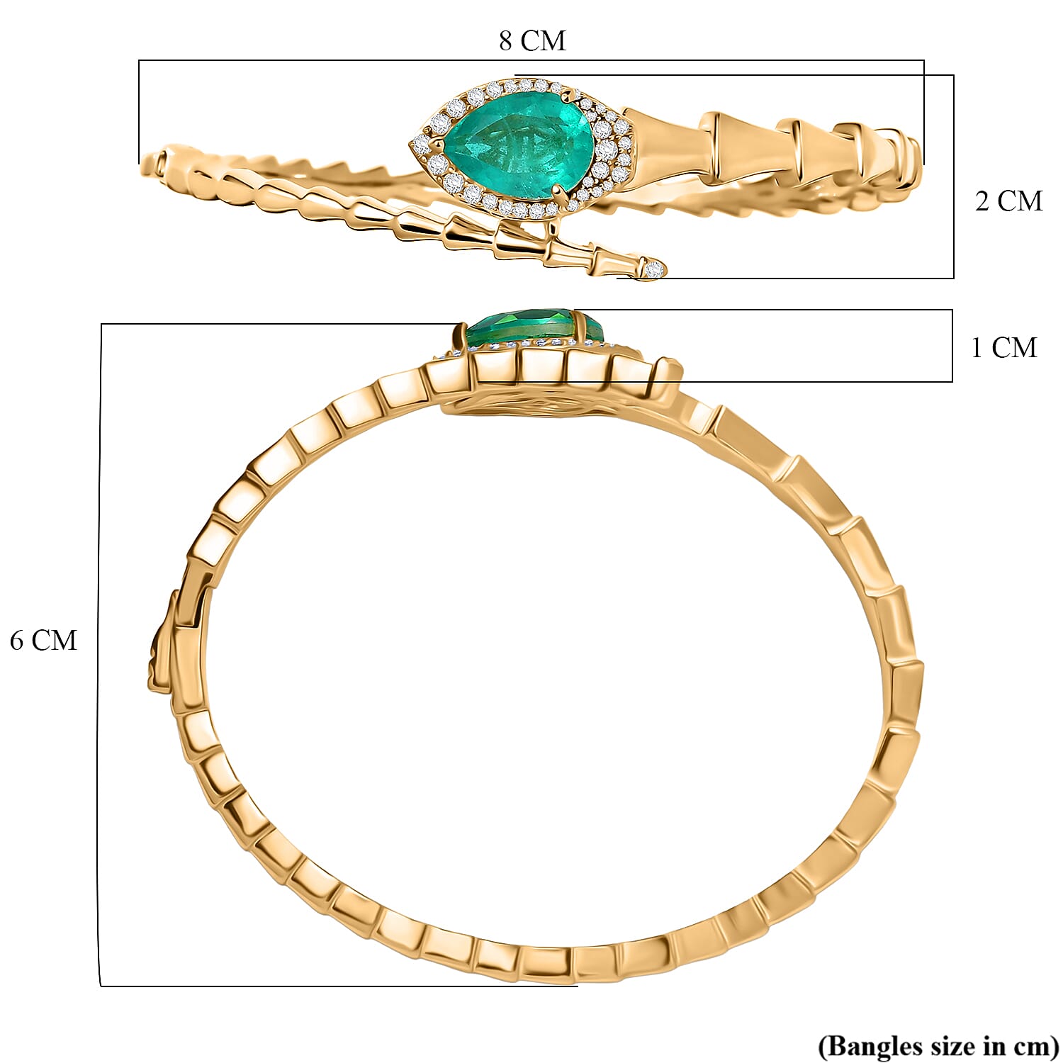 EverTrue Emeraldine Triplet Quartz, White Zircon Full Bangle Pure Yellow Brass  6.819  Ct.