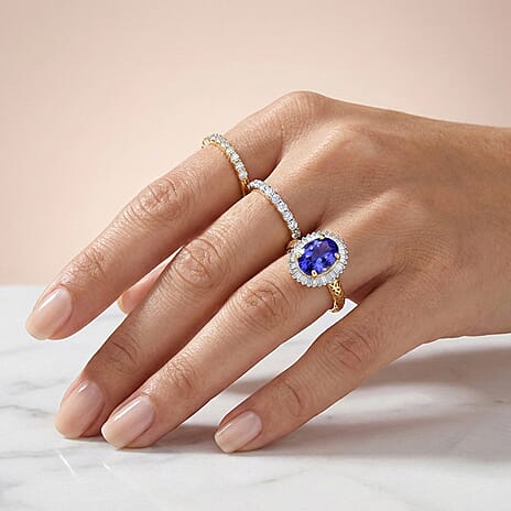 Mirage Collection - 9K Yellow Gold AAA Tanzanite & Natural White Diamond Halo Ring 1.27 Ct