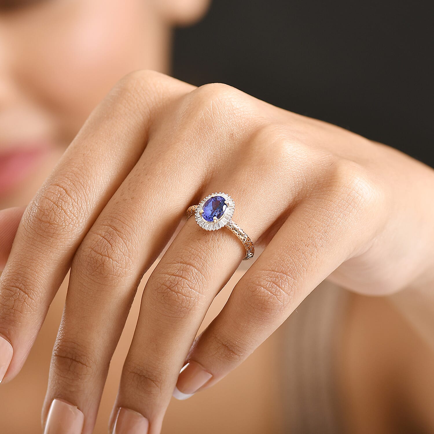 Mirage Collection - 9K Yellow Gold AAA Tanzanite & Natural White Diamond Halo Ring 1.27 Ct