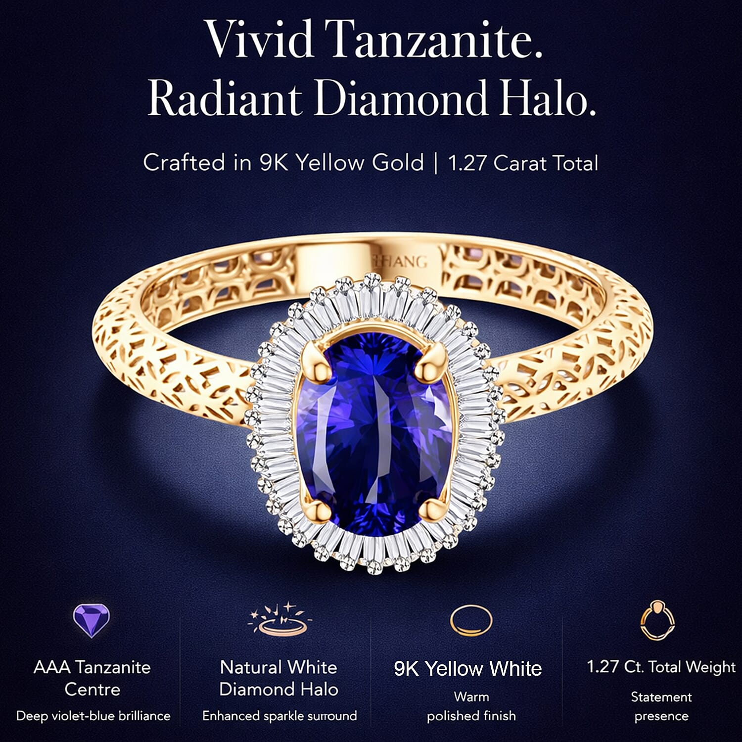 Mirage Collection - 9K Yellow Gold AAA Tanzanite & Natural White Diamond Halo Ring 1.27 Ct