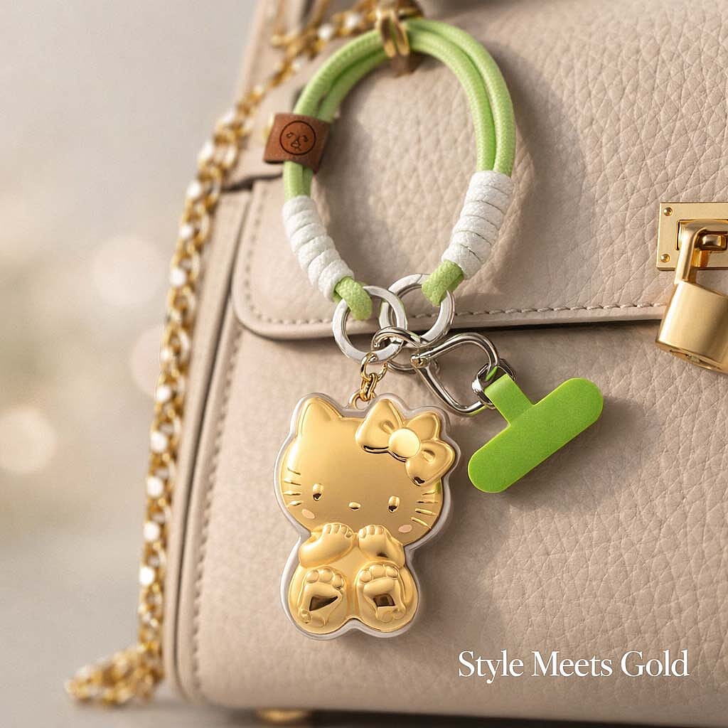24K Yellow Gold Hello Kitty Keychain with Green & White Rope