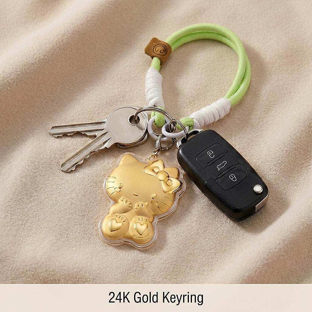 24K Yellow Gold Hello Kitty Keychain with Green & White Rope
