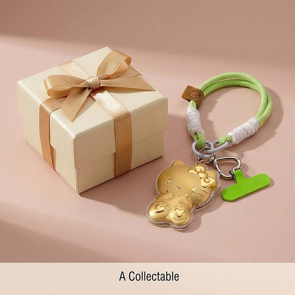 24K Yellow Gold Hello Kitty Keychain with Green & White Rope