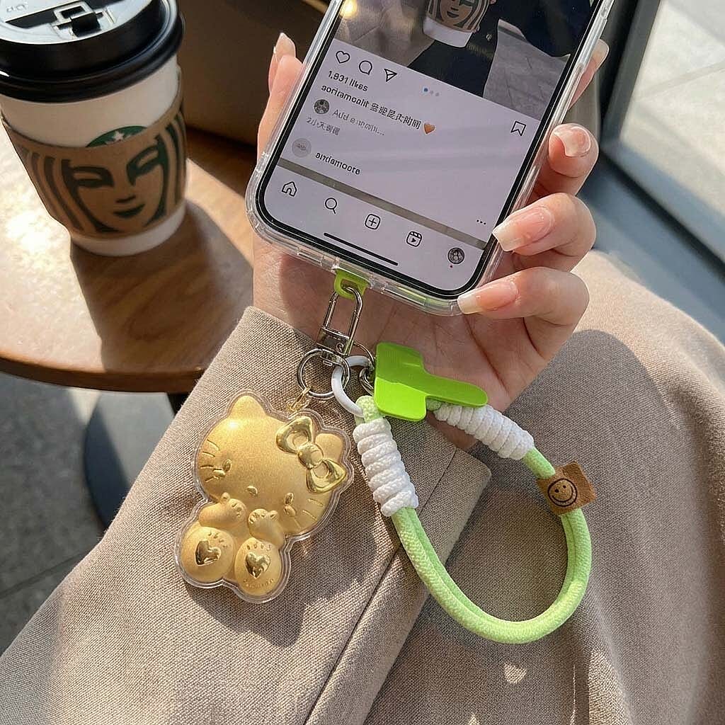 24K Yellow Gold Hello Kitty Keychain with Green & White Rope