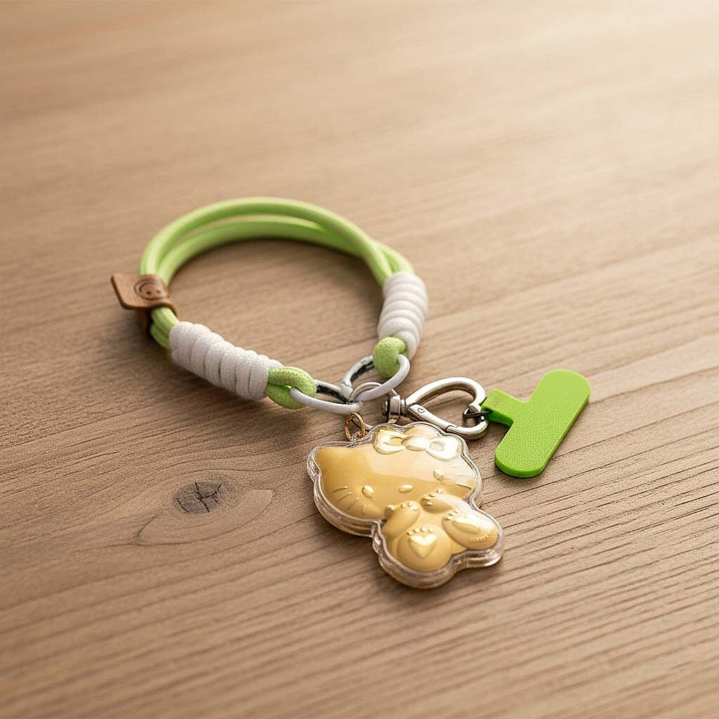 24K Yellow Gold Hello Kitty Keychain with Green & White Rope