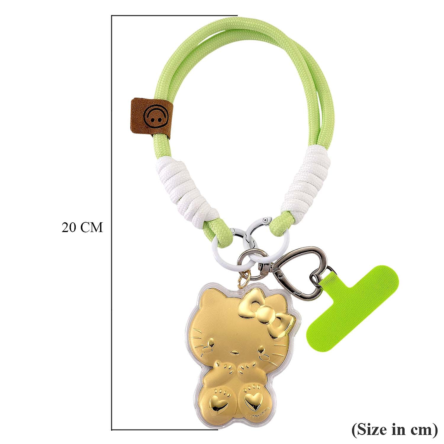 24K Yellow Gold Hello Kitty Keychain with Green & White Rope