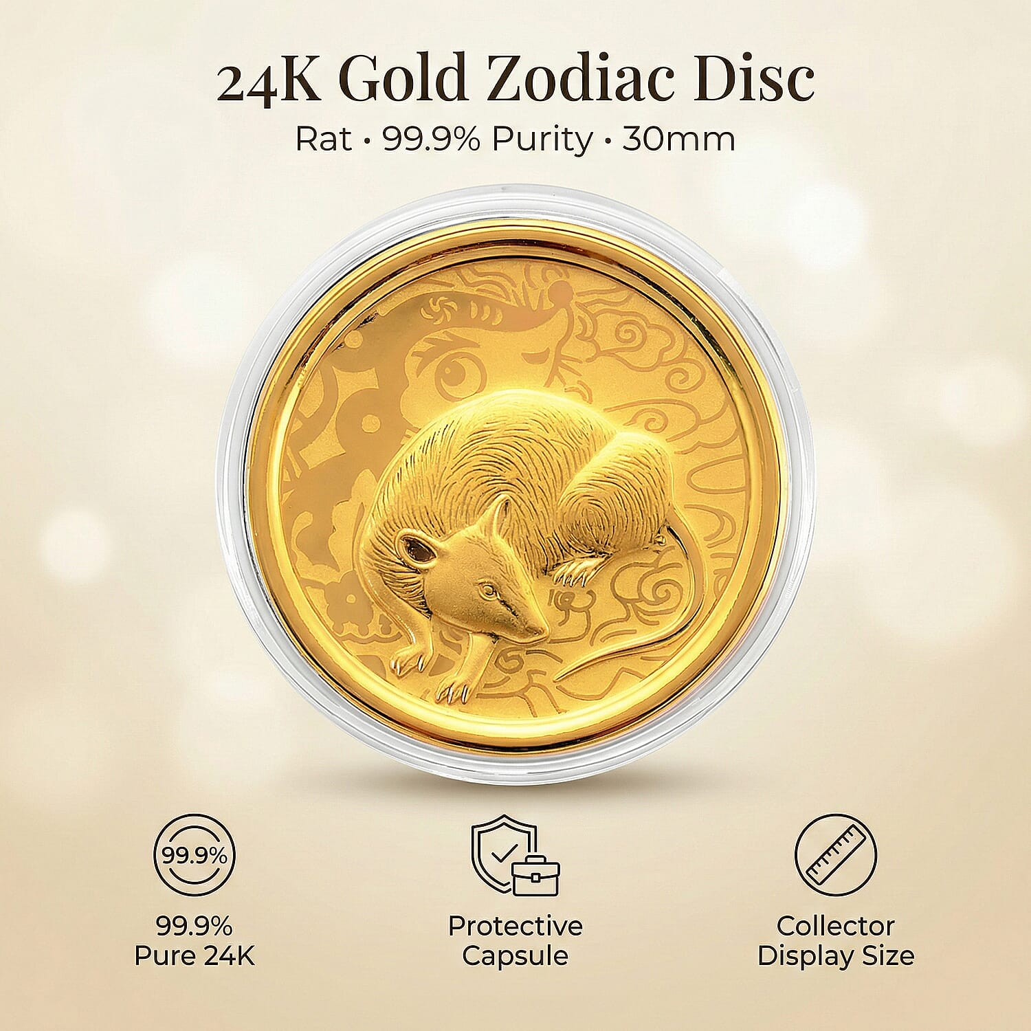 24K Yellow Gold (99.9% Purity) Chinese Zodiac Disc (30mm) - Rat