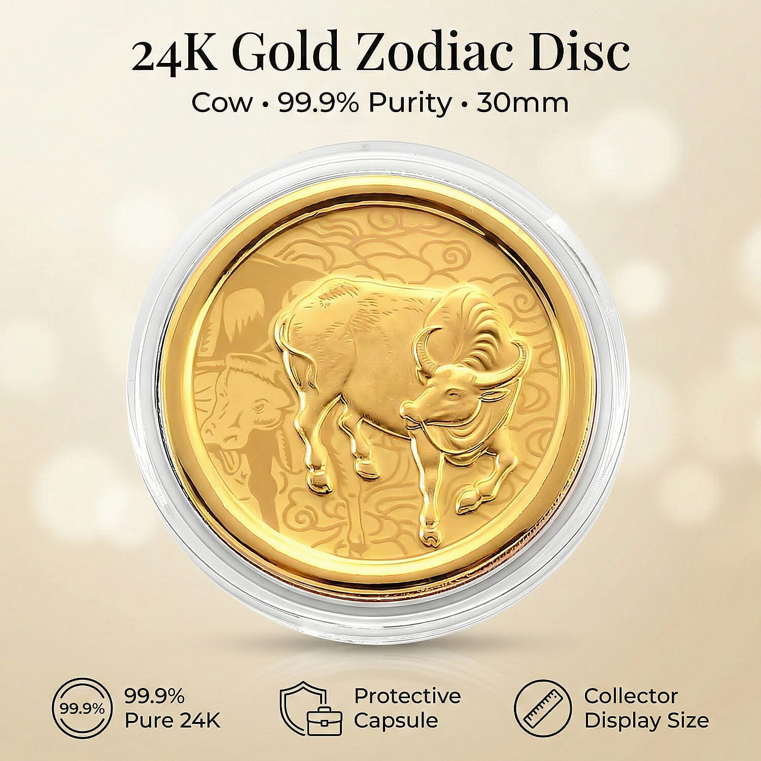 24K Yellow Gold (99.9% Purity) Chinese Zodiac Disc (30mm) - Ox
