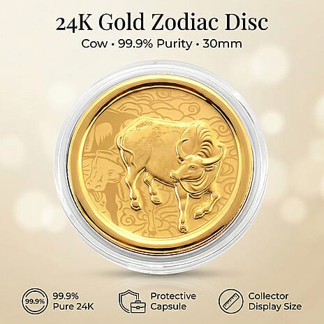 24K Yellow Gold (99.9% Purity) Chinese Zodiac Disc (30mm) - Ox