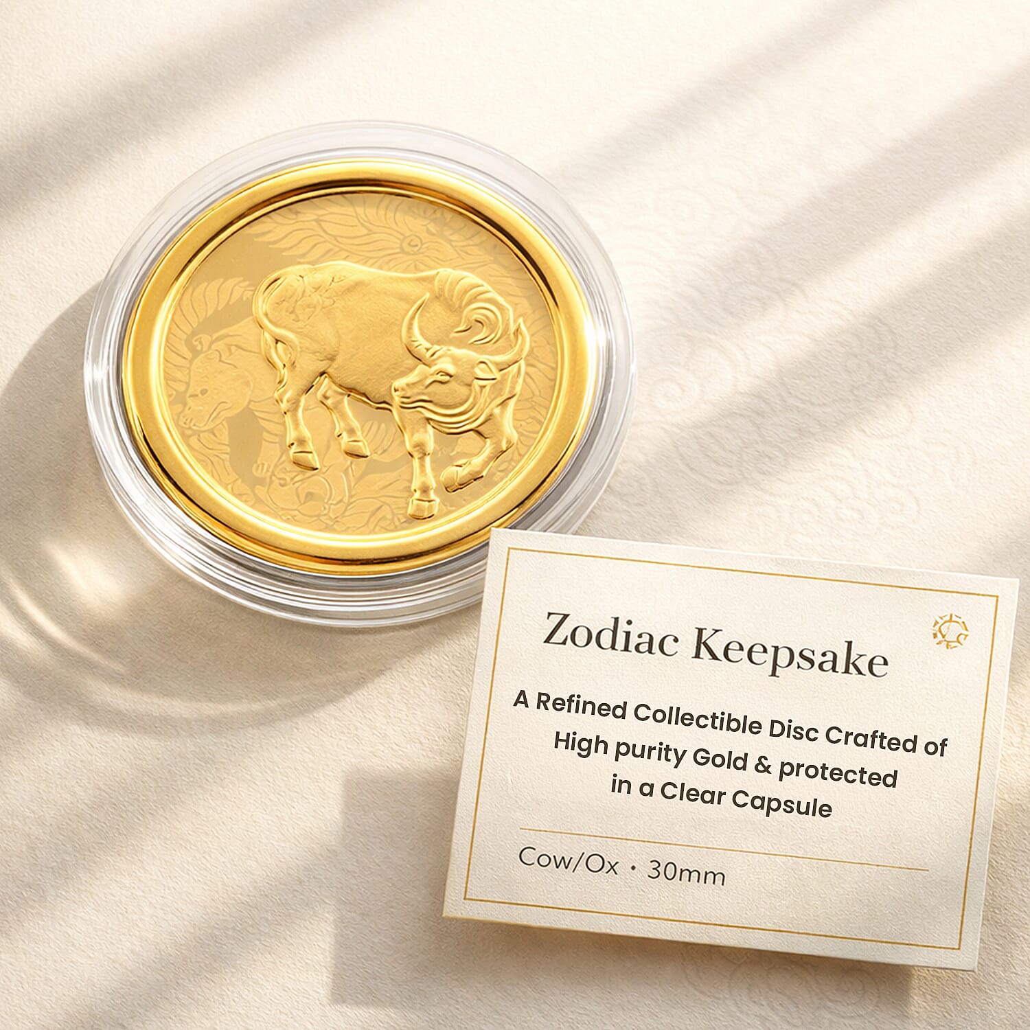 24K Yellow Gold (99.9% Purity) Chinese Zodiac Disc (30mm) - Ox