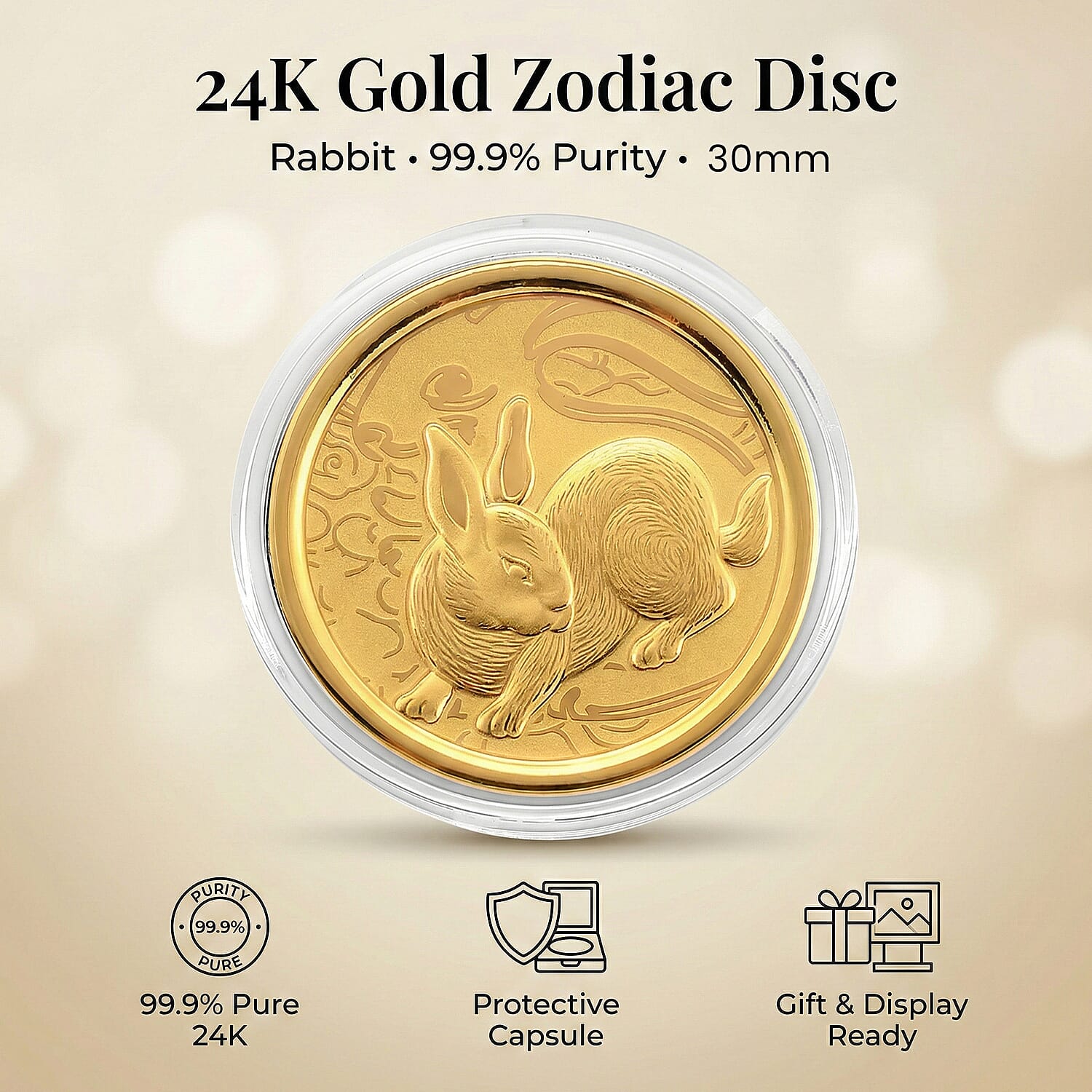 24K Yellow Gold (99.9% Purity) Chinese Zodiac Disc (30mm) - Rabbit
