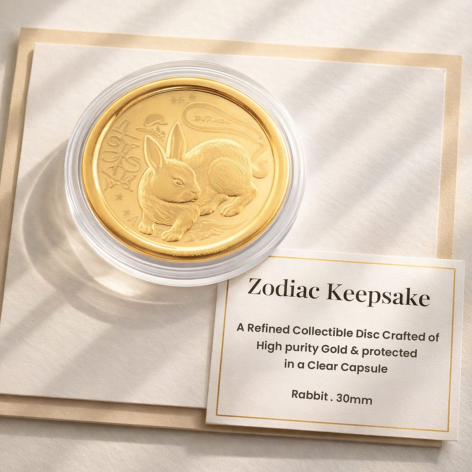 24K Yellow Gold (99.9% Purity) Chinese Zodiac Disc (30mm) - Rabbit