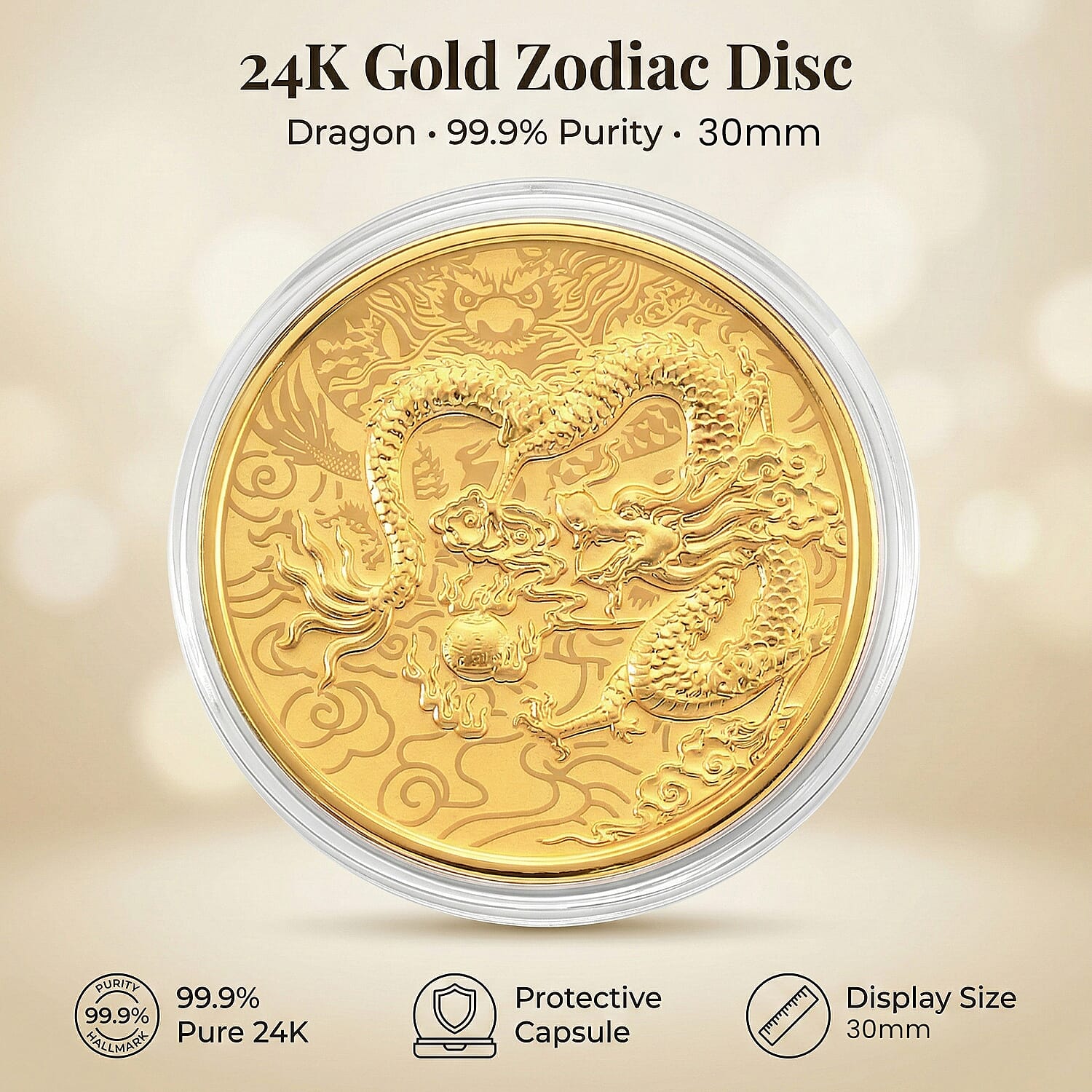 24K Yellow Gold (99.9% Purity) Chinese Zodiac Disc (30mm) - Dragon