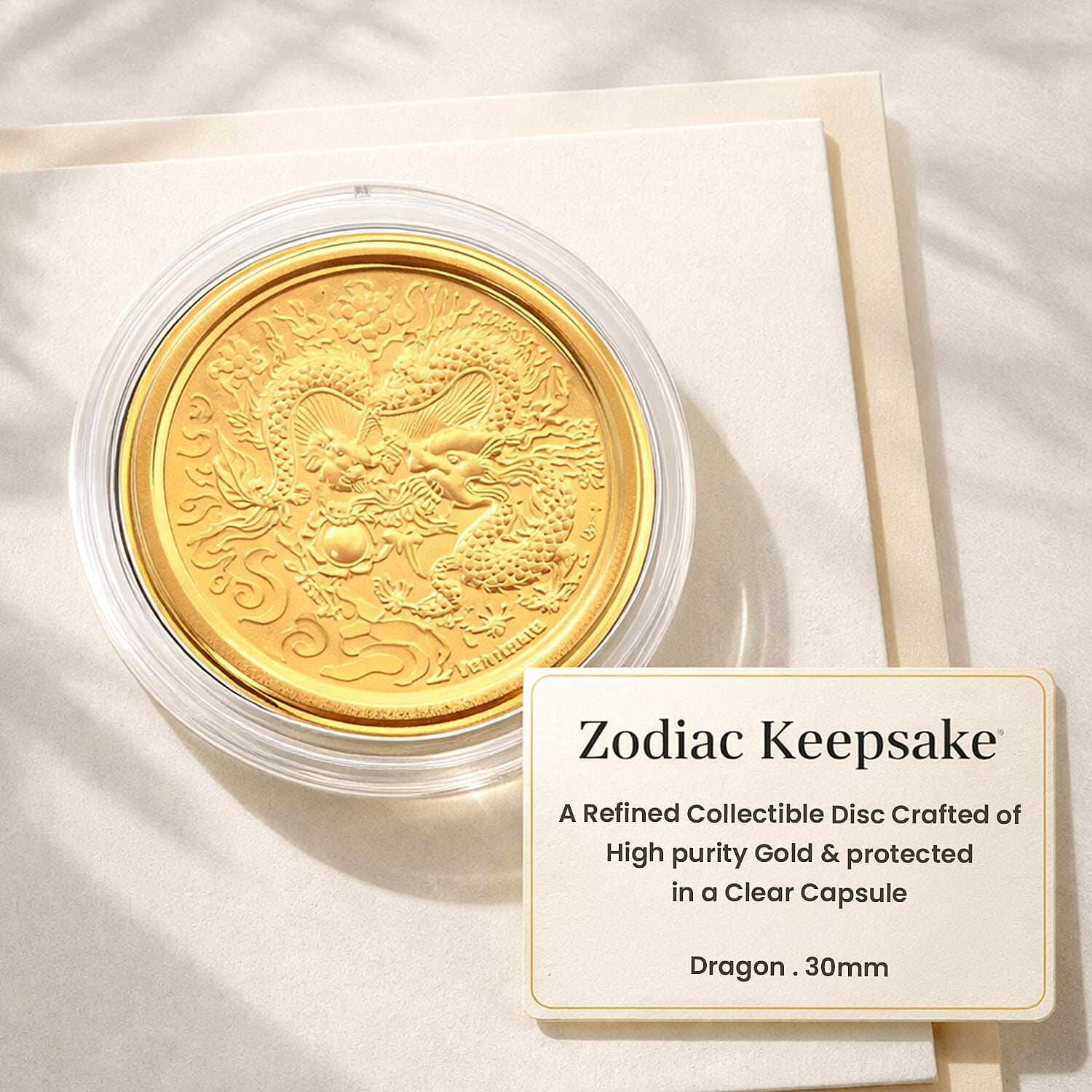 24K Yellow Gold (99.9% Purity) Chinese Zodiac Disc (30mm) - Dragon