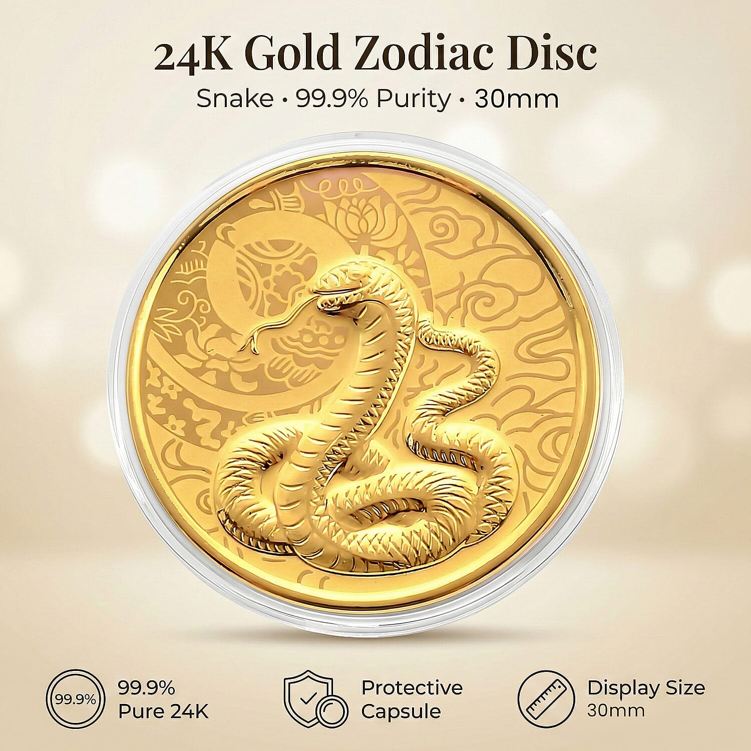 24K Yellow Gold (99.9% Purity) Chinese Zodiac Disc (30mm) - Snake