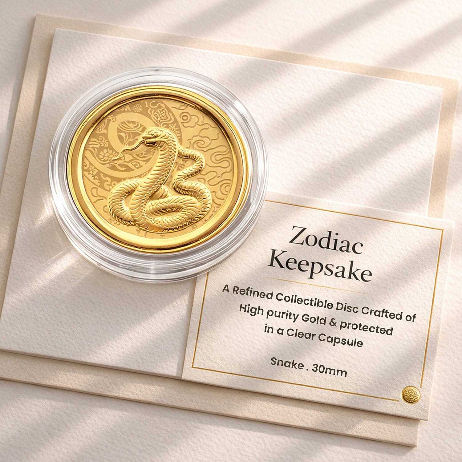 24K Yellow Gold (99.9% Purity) Chinese Zodiac Disc (30mm) - Snake