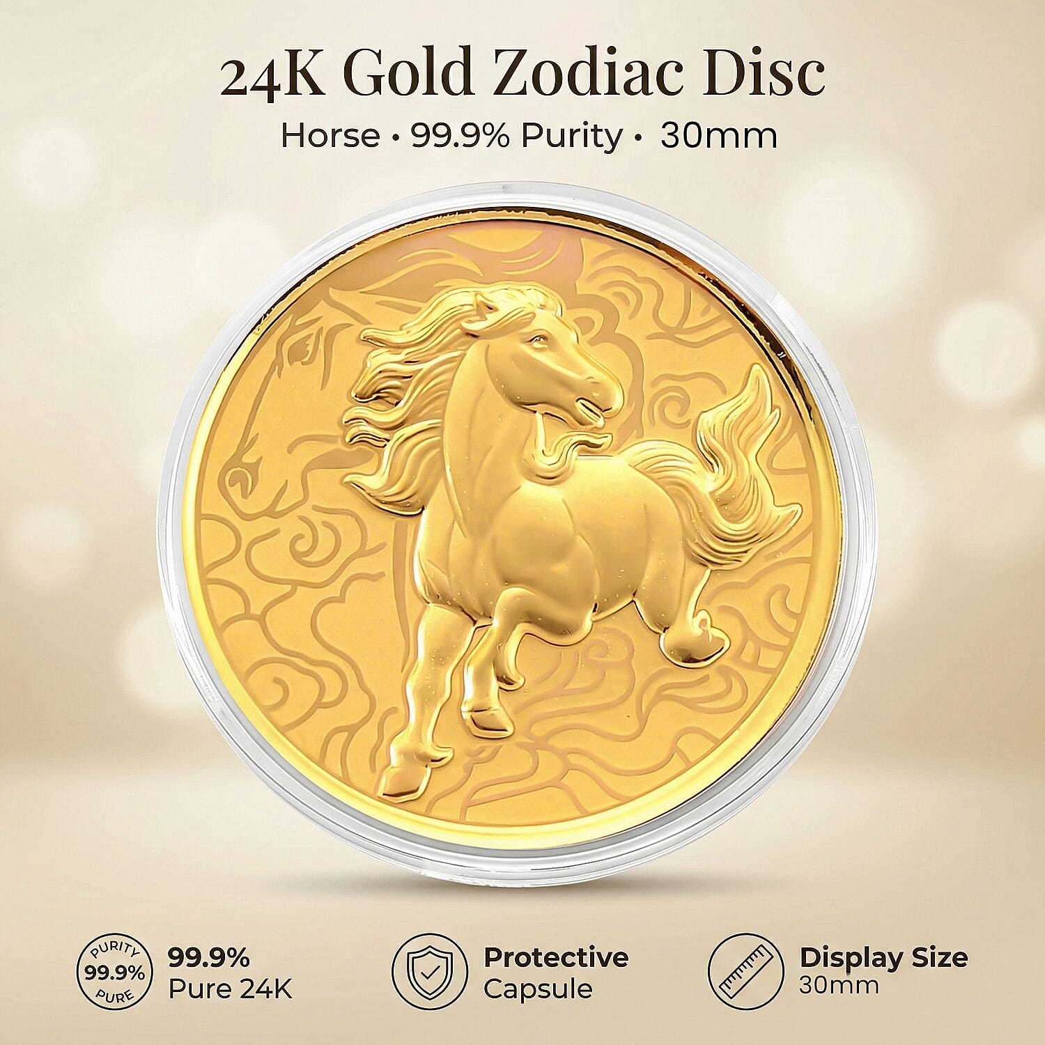 24K Yellow Gold (99.9% Purity) Chinese Zodiac Disc (30mm) - Horse