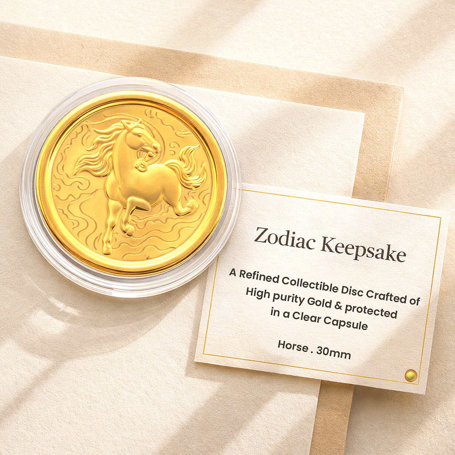 24K Yellow Gold (99.9% Purity) Chinese Zodiac Disc (30mm) - Horse