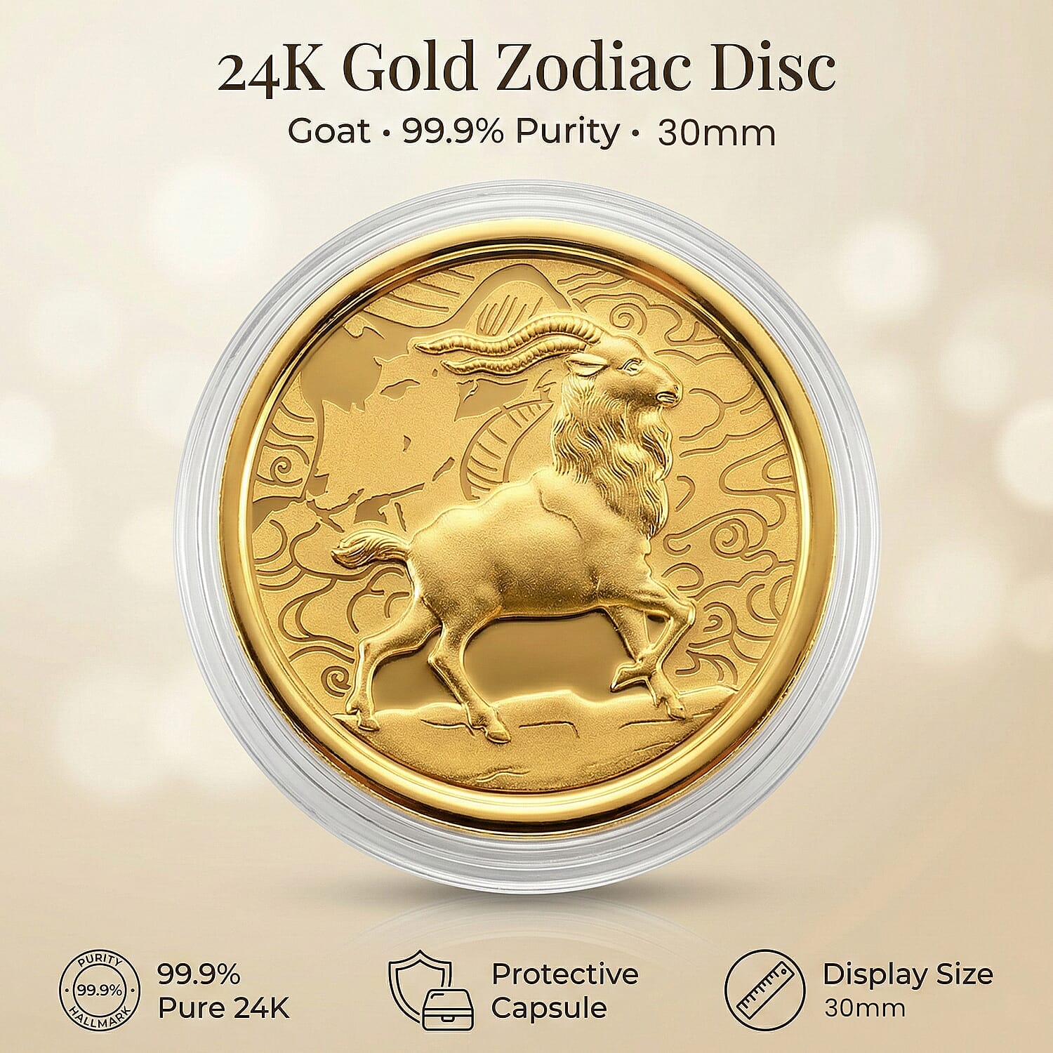 24K Yellow Gold (99.9% Purity) Chinese Zodiac Disc (30mm) - Goat