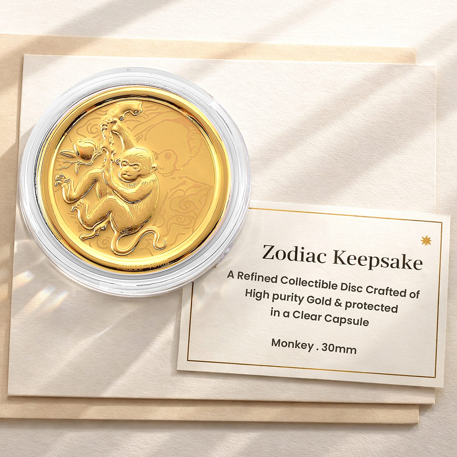 24K Yellow Gold (99.9% Purity) Chinese Zodiac Disc (30mm) - Monkey