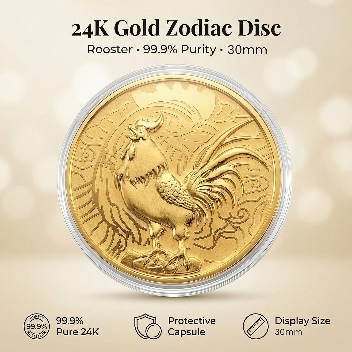 24K Yellow Gold (99.9% Purity) Chinese Zodiac Disc (30mm) - Rooster