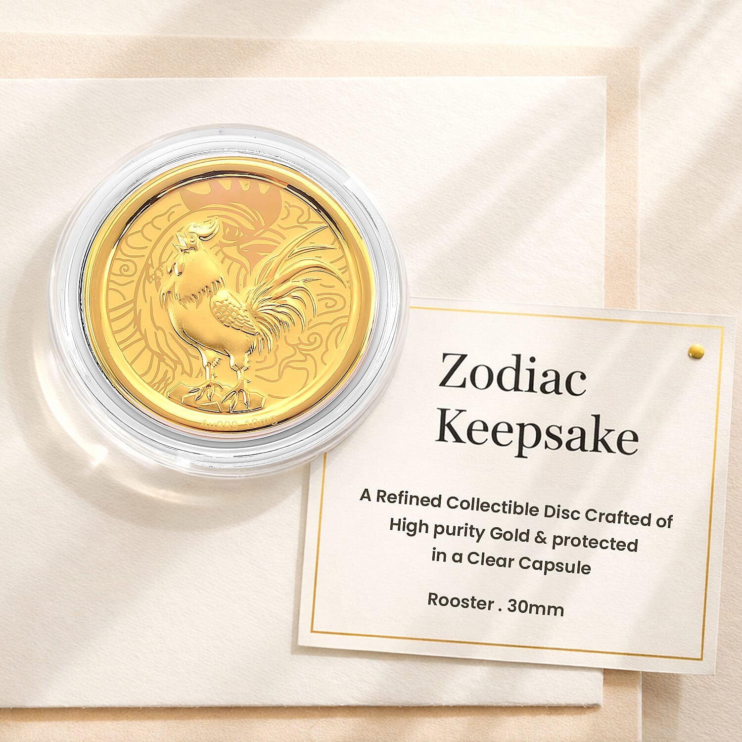 24K Yellow Gold (99.9% Purity) Chinese Zodiac Disc (30mm) - Rooster