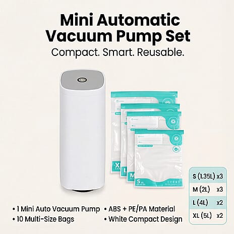 Mini Automatic Vacuum Food Sealer Pump with 10 Reusable Vacuum Bags - White